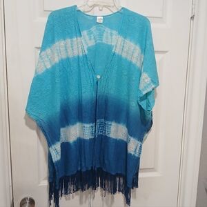 Hughness Blue and White Fringe Kimono Cardigan Coverup.